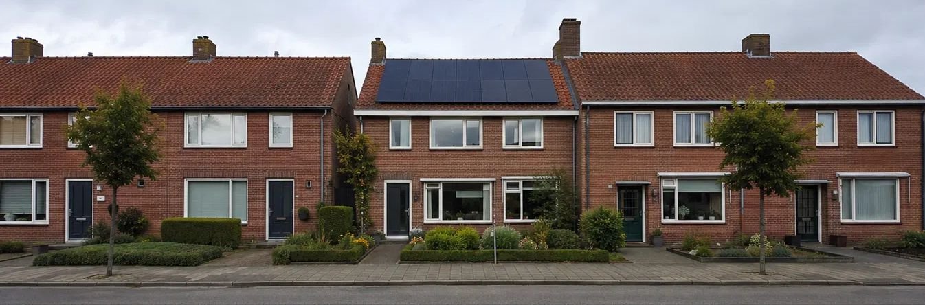 Straat met rijtjeshuizen overdag; het middelste huis heeft zonnepanelen