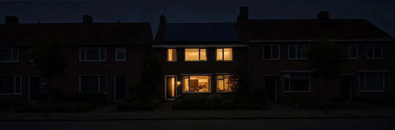 Dezelfde straat tijdens een stroomstoring: alleen het huis met zonnepanelen en thuisbatterij is verlicht